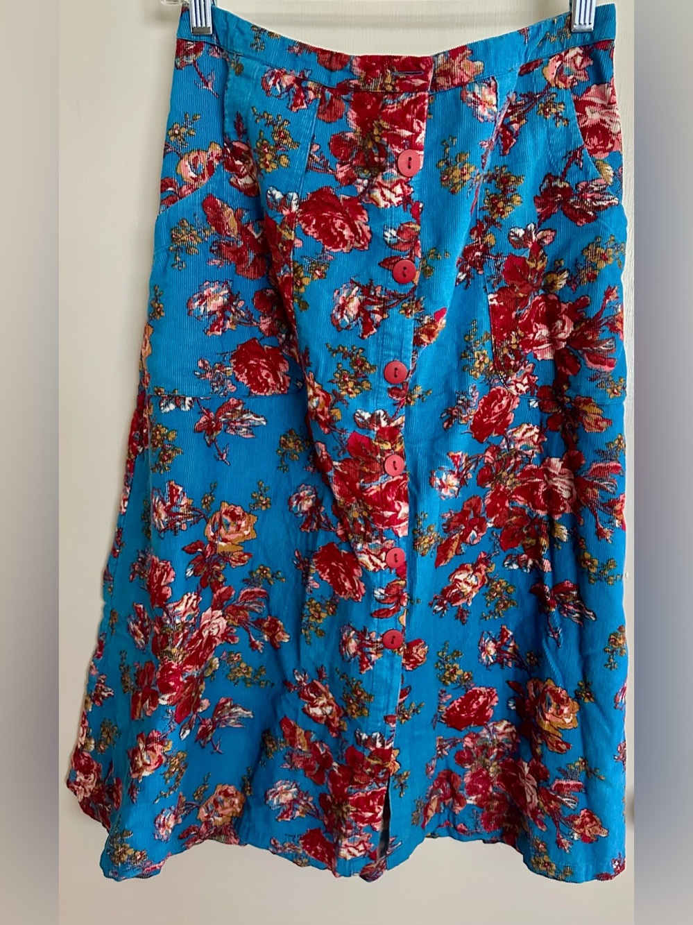 🌹 APRIL CORNELL Turquoise & Red Pinwale Corduroy Skirt EXCELLENT missing button